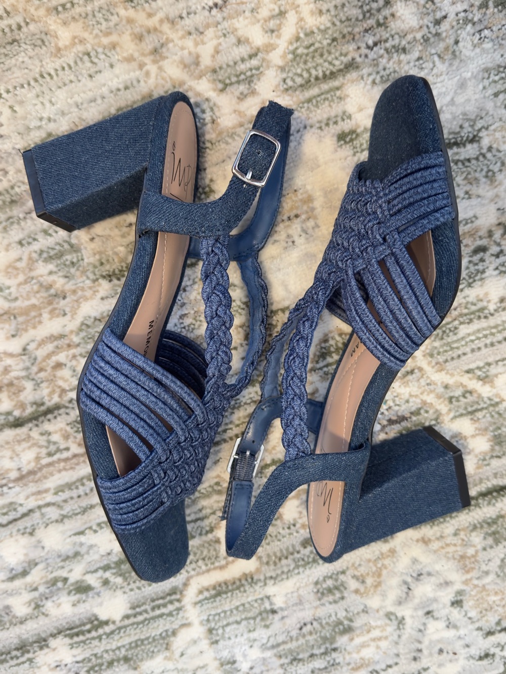 Impo Stretch Memory Foam W’s Braided Denim Block Heel Sandals - Navy|Size 7|EUC